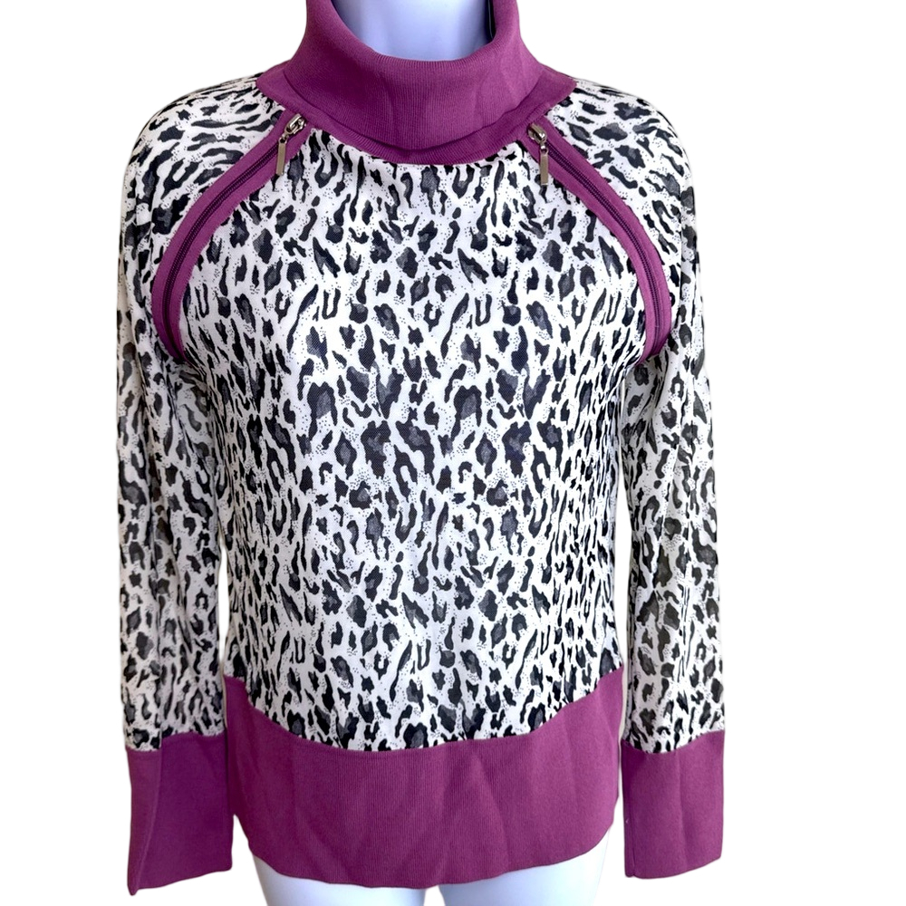 Fitelle Leopard Print Color Block High Neck Zip Top Large